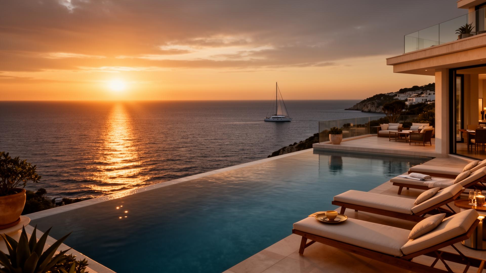 Mediterranean coastal luxury at sunset